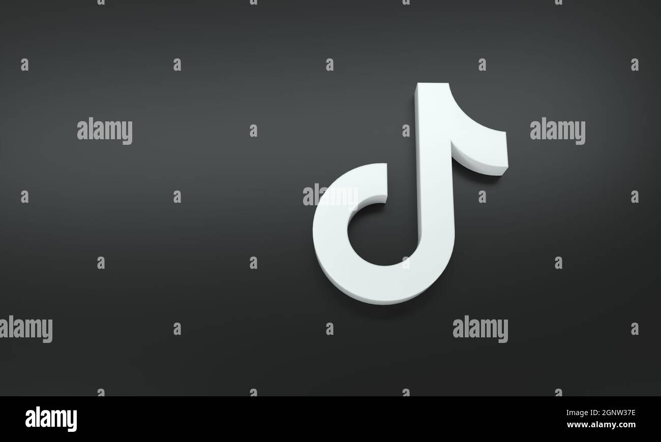 Logo Tik Tok con spazio per testo e grafica su sfondo nero. Rendering 3D. Foto Stock