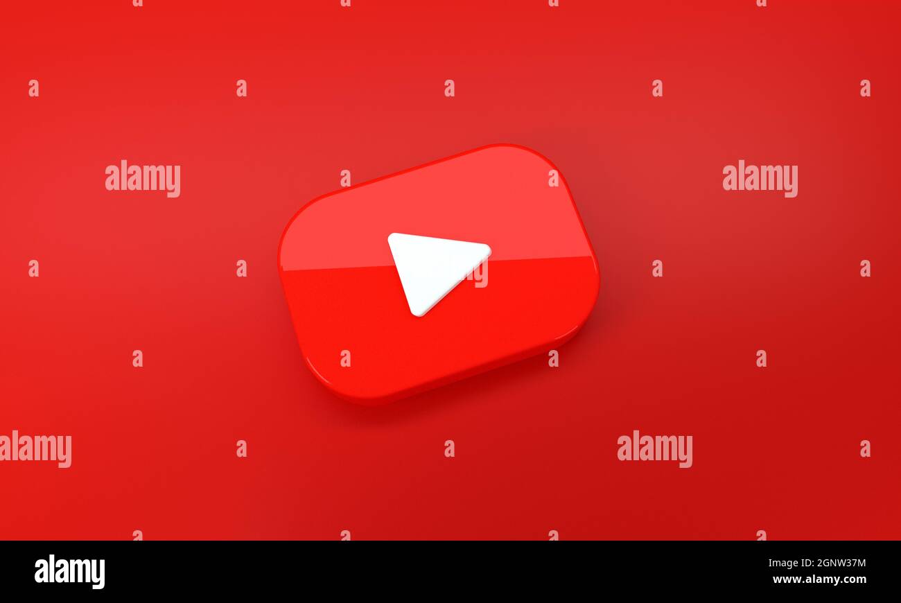 Logo YouTube su sfondo rosso. Rendering 3D. Foto Stock