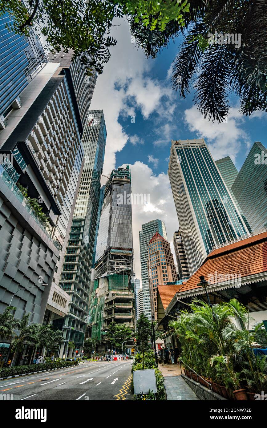 Camminando nelle meravigliose strade di Singapore con grattacieli sotto il cielo blu Foto Stock