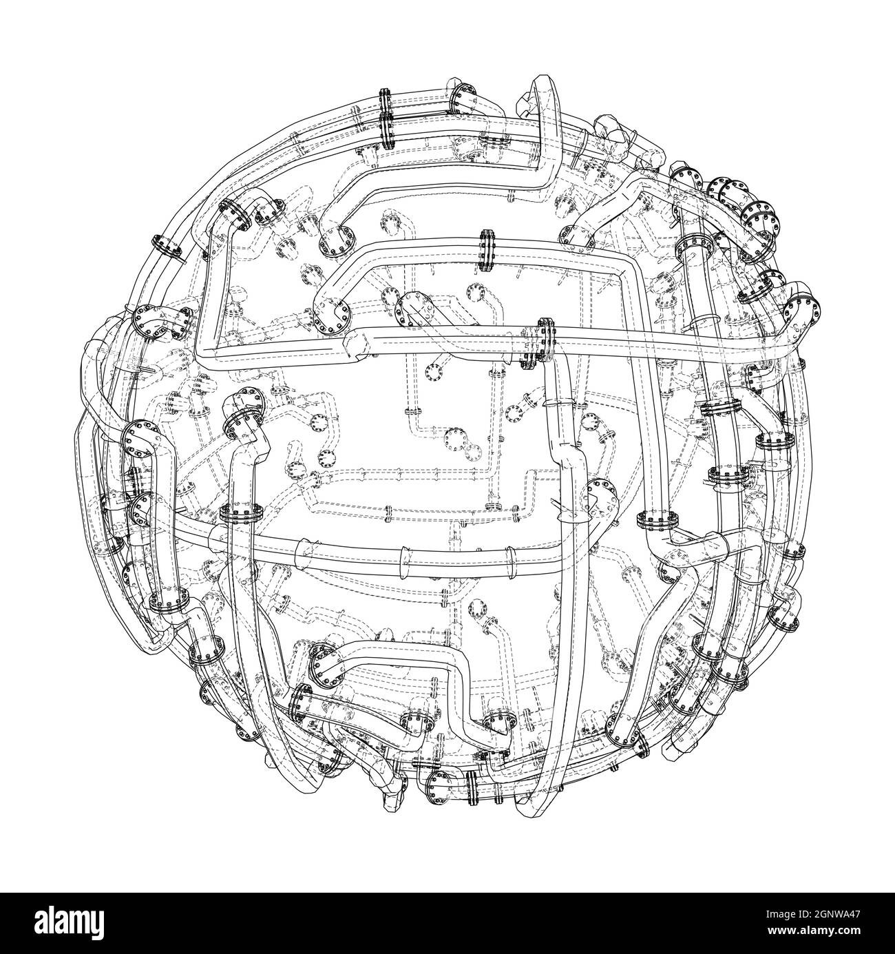 Tubi con flange intorno a una grande sfera. Vettore Illustrazione Vettoriale