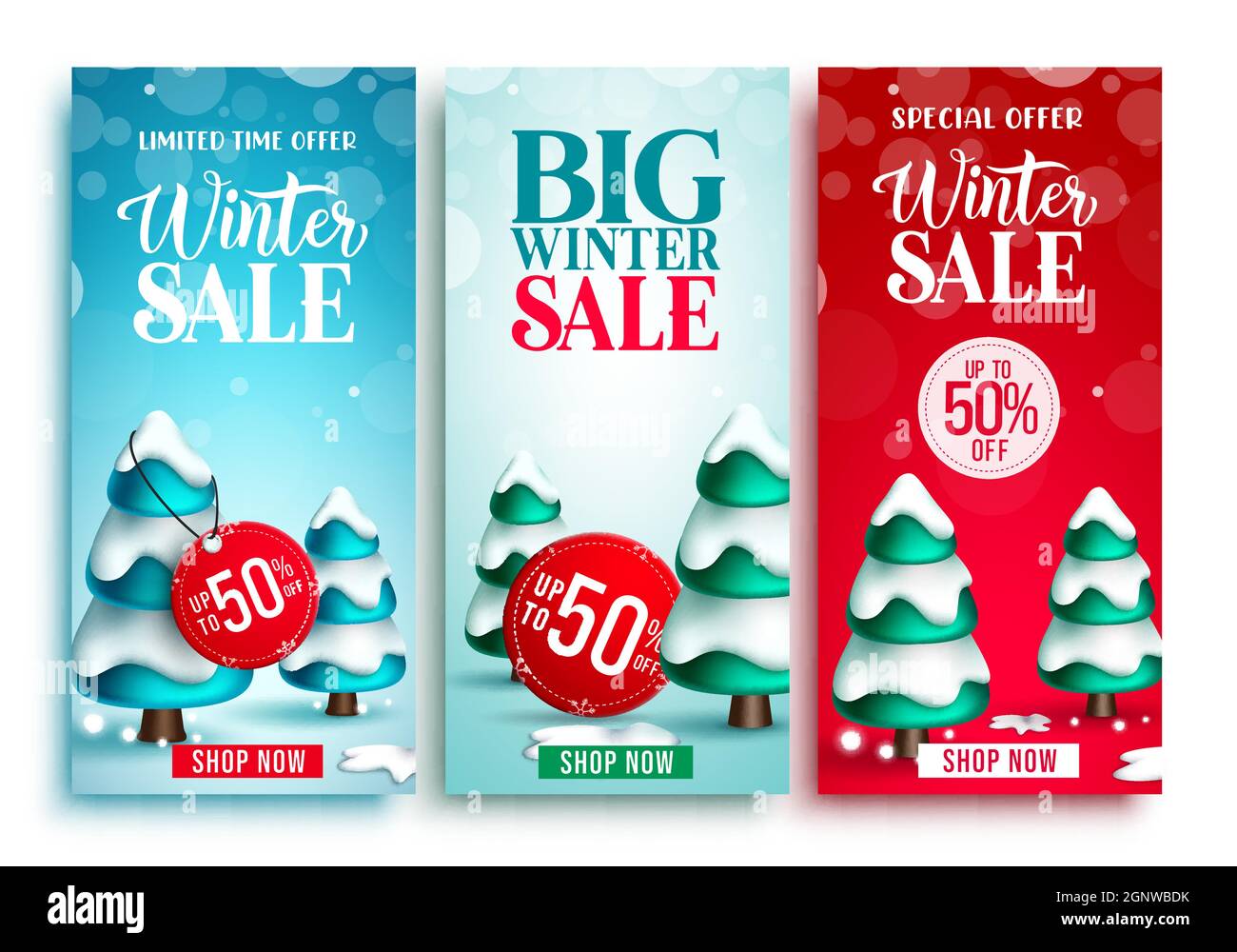 Set poster vettoriale vendita invernale. Promozione invernale testo dell'offerta a tempo limitato fino al 50% di sconto speciale per la promozione commerciale stagionale banner pubblicitari design. Illustrazione Vettoriale