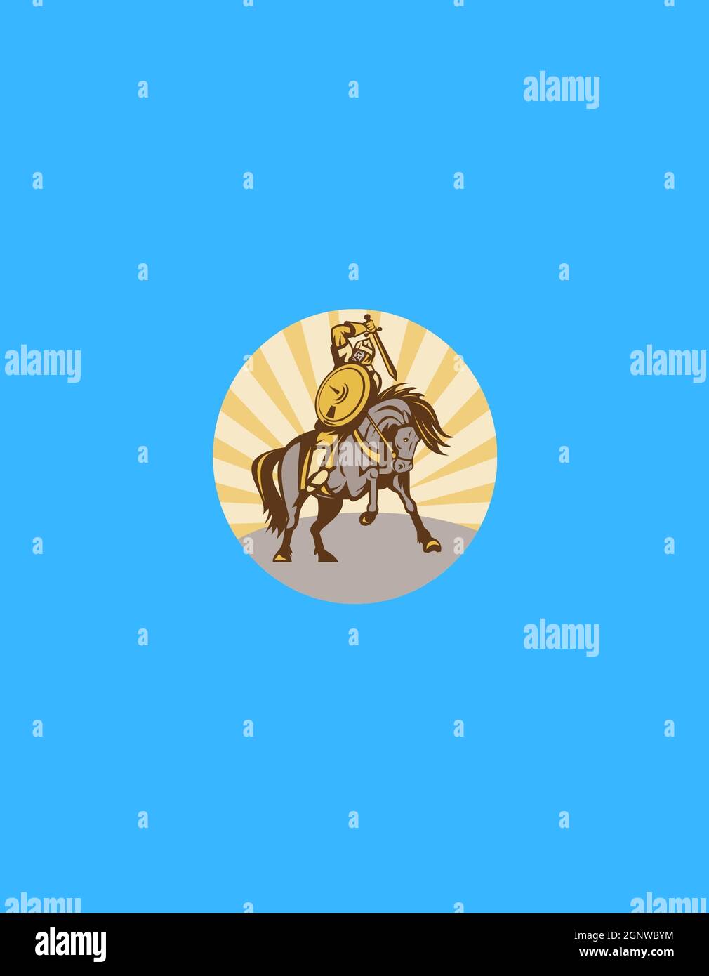 Logo del guerriero o del soldato che tiene il casco di protezione della spada, illustrazione vettoriale Foto Stock