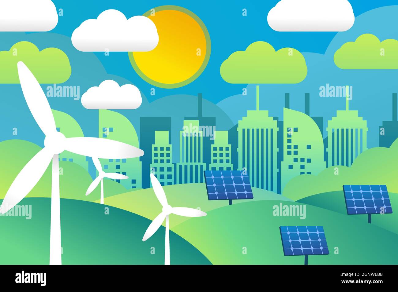 green energy progettazione di concetto ambientale con mulini a vento, pannelli solari, e città Illustrazione Vettoriale