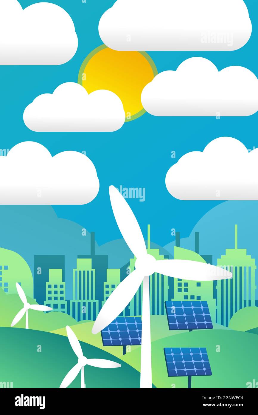 progettazione verticale piano verde energia concetto ambientale con mulini a vento, pannelli solari, e città Illustrazione Vettoriale