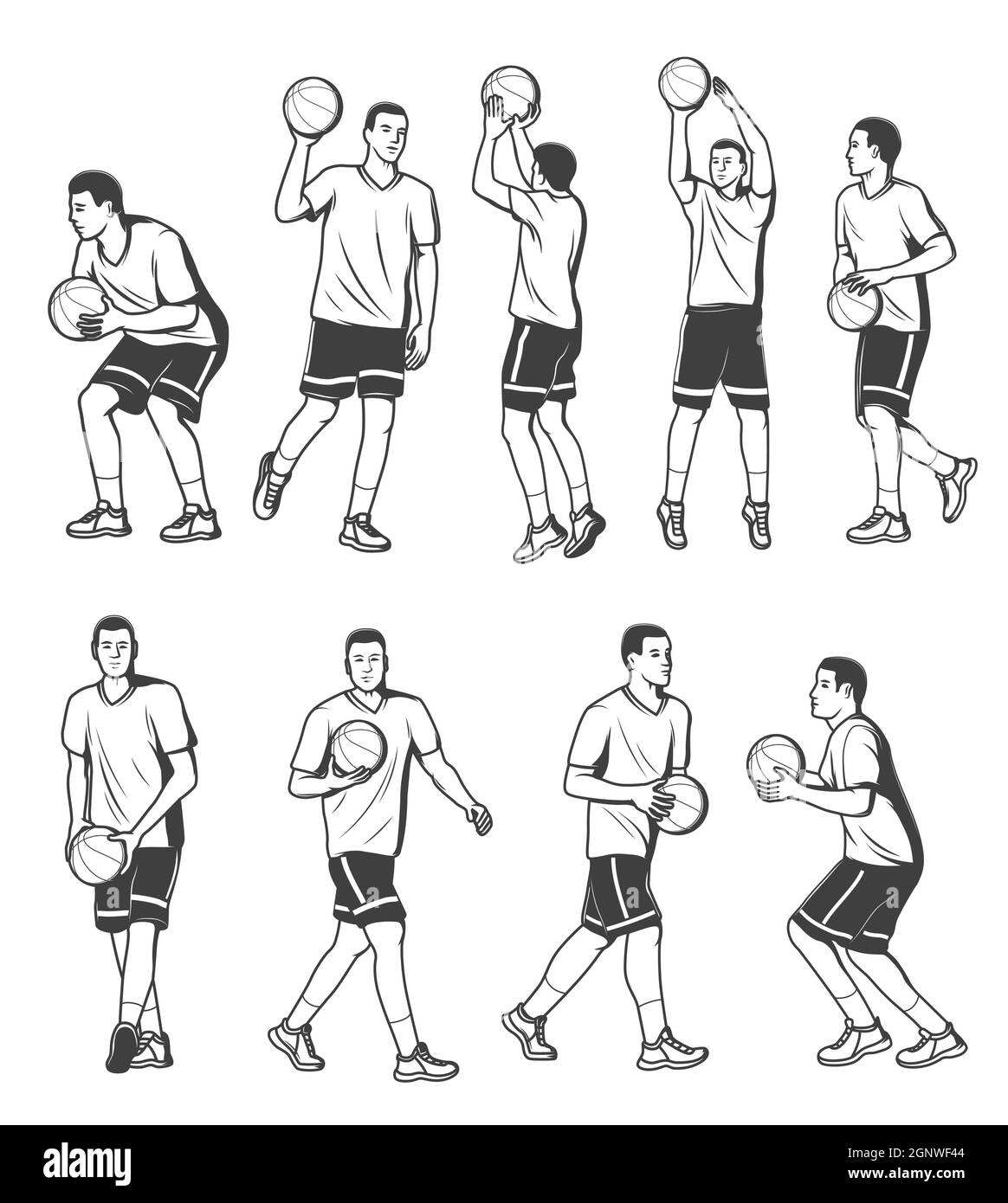 Giocatori di basket personaggi giocare con la palla, vettoriale uomo in maglia e shorts tenere, lanciare e catturare palla. Dribbling, stare in piedi in diverse posizioni e correre giocatori di squadra di basket Illustrazione Vettoriale