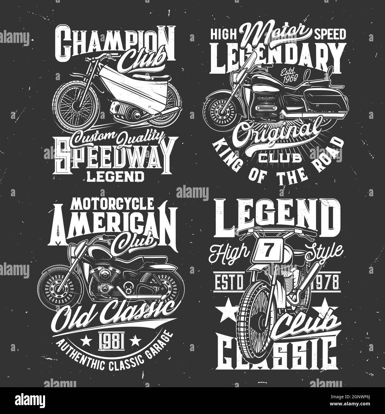 TShirt stampa con moto da corsa fuoristrada, design vettoriale per  abbigliamento sportivo. T shirt emblemi con moto e tipografia su misura.  Etichette bianche isolate monocromatiche su sfondo nero grunge Immagine e  Vettoriale -