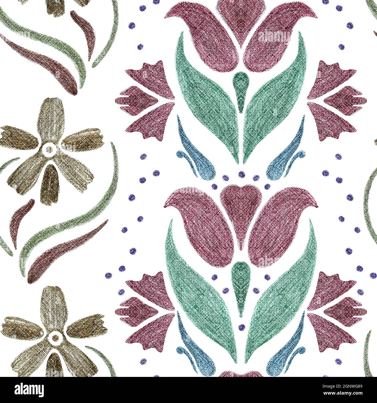 Motivo floreale senza cuciture. Ornamento realizzato con elementi decorativi disegnati a mano con matite colorate. Carta ruvida. Viola, fiori marroni stilizzati, verde Foto Stock