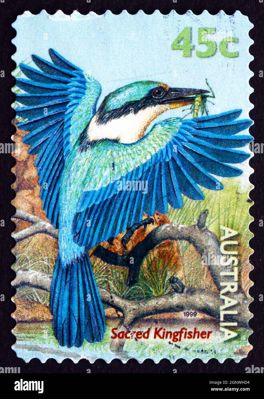 AUSTRALIA - CIRCA 1999: Un francobollo stampato in Australia mostra Sacred Kingfisher, Todiramphus Sanctus, Medium sized Woodland Kingfisher, circa 1999 Foto Stock