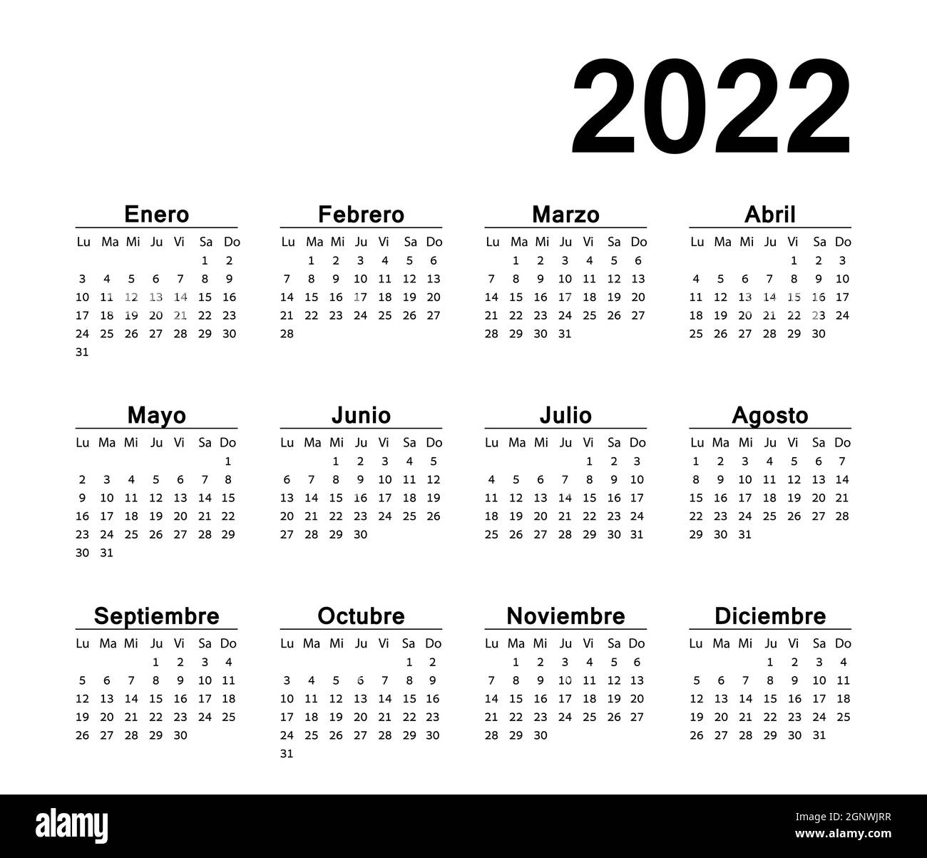 Orizzontale semplice calendario parete nera su 2022 anni, in spagnolo. Illustrazione Vettoriale