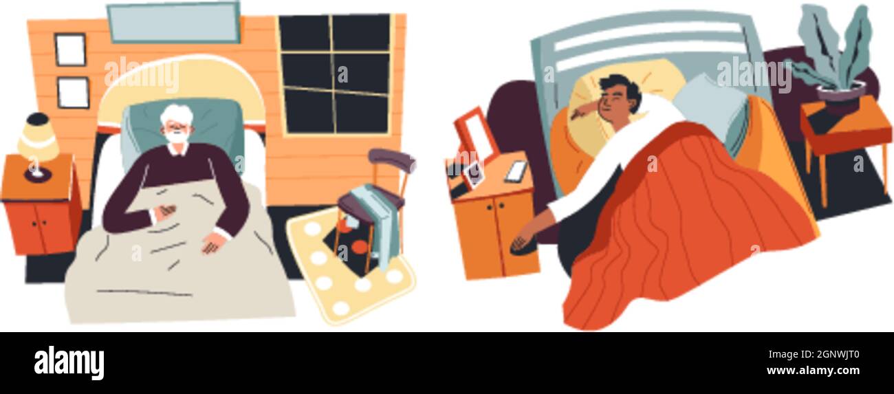 Persone addormentate a letto, personaggi che dormono Illustrazione Vettoriale