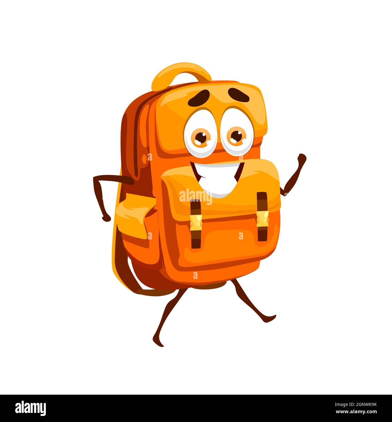 Borsa scuola cartoon, personaggio della mascotte della borsa scolastica.  Divertente zaino arancione con viso sorridente felice, oggetto di  cancelleria scuola o accessorio per gli studenti carino personaggio  vettoriale isolato Immagine e Vettoriale 