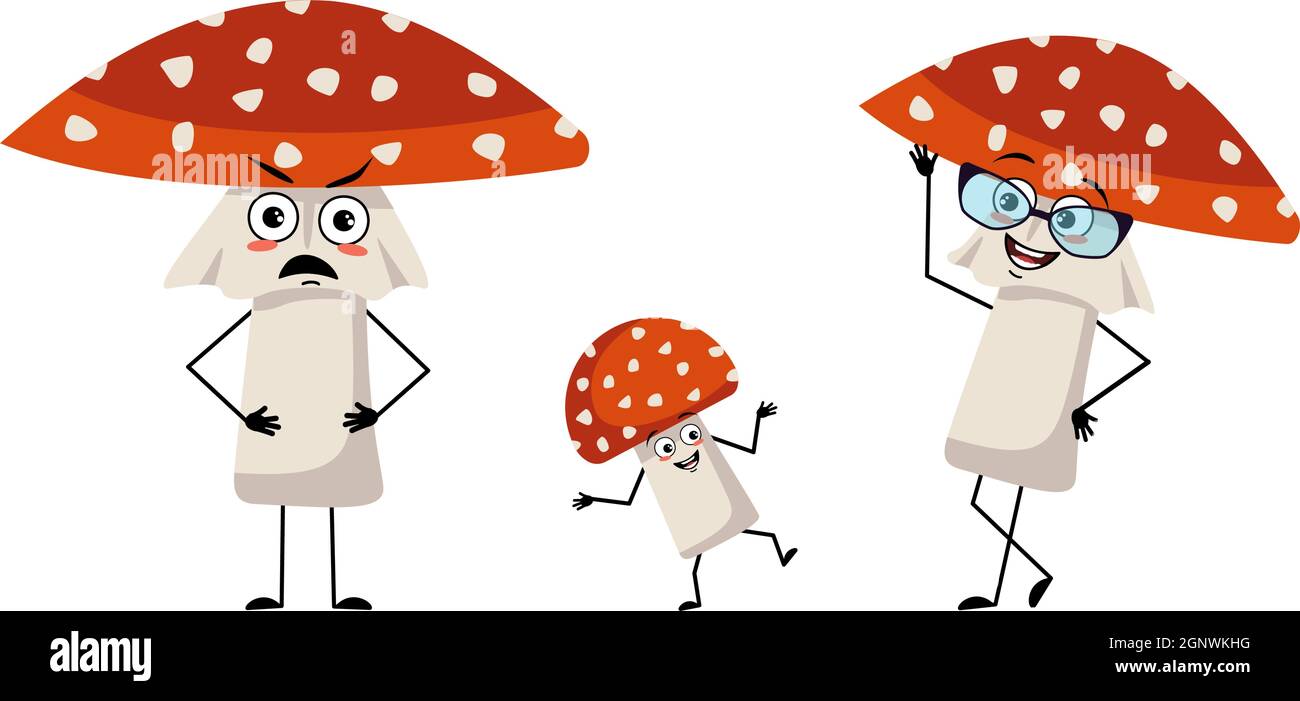 Famiglia di simpatico personaggio amanita con gioie emozioni, sorriso viso, occhi felici, braccia e gambe. Mamma è felice, papà stretto e il bambino sta ballando. Fly fungo agarico con un cappello rosso e puntini bianchi Illustrazione Vettoriale