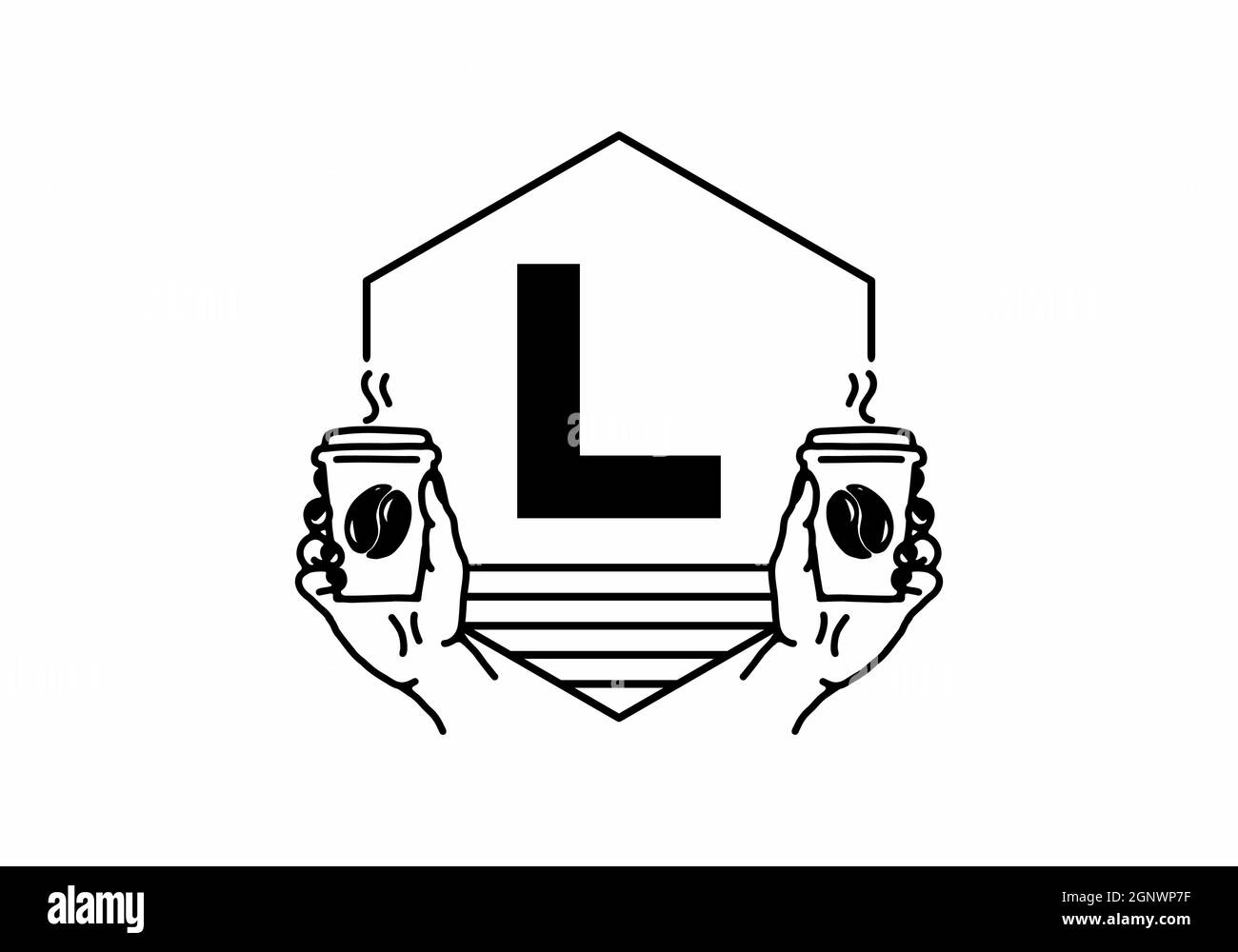 Mano che tiene una tazza di caffè linea arte con L lettera iniziale disegno Illustrazione Vettoriale