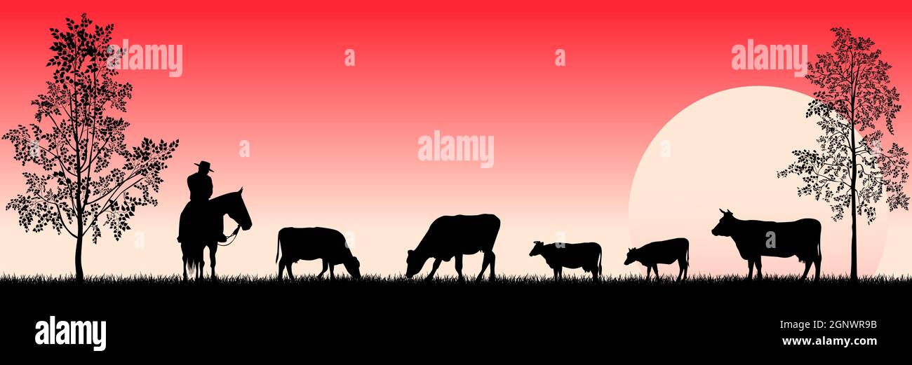 Cowboy e mucche al pascolo nel prato Illustrazione Vettoriale