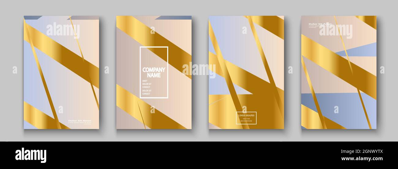 Set di illustrazioni vettoriali di copertina lussuoso e ricco, linee dorate e dorate. Rosa pastello sfondo astratto invito modello. Forme geometriche motivo alla moda per la presentazione del design, la stampa, il web Illustrazione Vettoriale