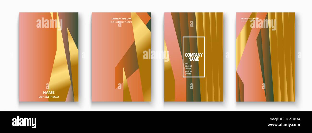 Set di illustrazioni vettoriali di copertina lussuoso e ricco, linee dorate e dorate. Rosa corallo astratto sfondo modello invito. Forme geometriche motivo alla moda per la presentazione del design, la stampa, il web Illustrazione Vettoriale