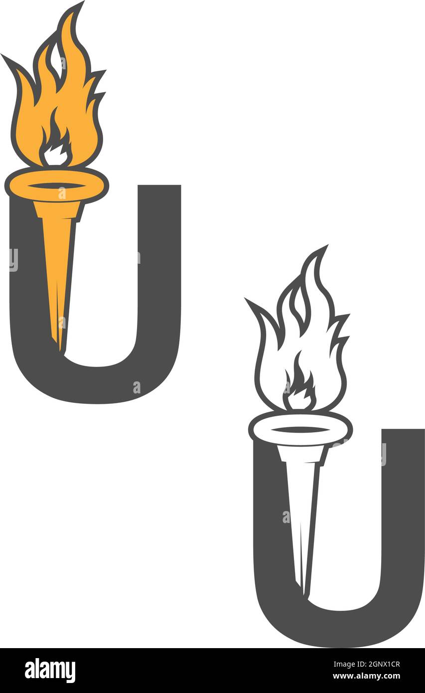 Logo con icona lettera U combinato con il design con icona torcia Illustrazione Vettoriale