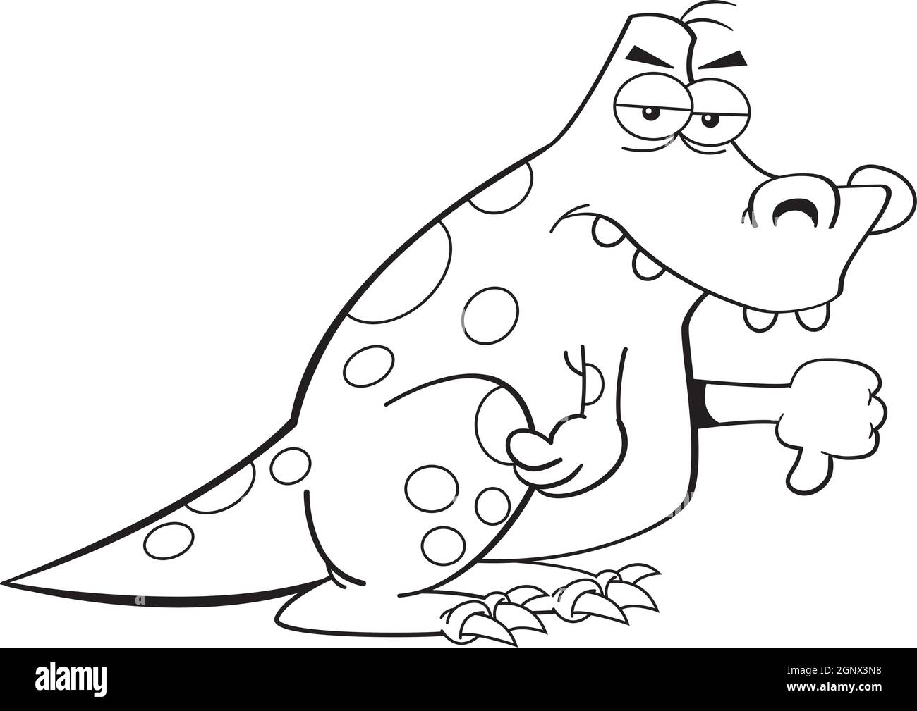 Illustrazione cartoon di un dinosauro arrabbiato che dà i pollici giù. Illustrazione Vettoriale