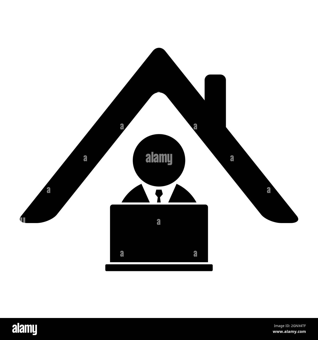 Icona lavoro da casa. Simbolo dell'ufficio domestico con uomo d'affari e laptop. Lavoro remoto a causa di social distanziamento durante la pandemia del virus corona.disegno nero isolato su sfondo bianco. Illustrazione Vettoriale