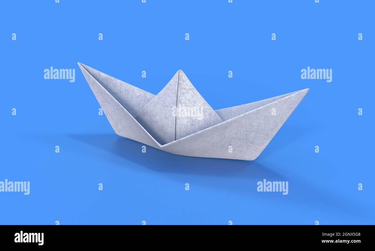 rendering 3d di un'imbarcazione di carta bianca su una superficie blu tenue Foto Stock