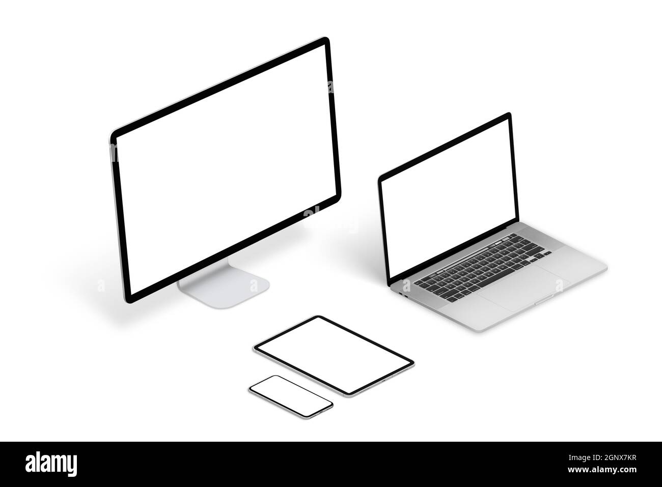 Dispositivi reattivi mockup i posizione isometrica con sfondo bianco. Display isolato per computer, notebook, tablet e telefono. Foto Stock