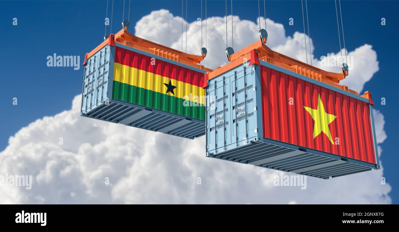 Container merci con bandiere nazionali del Vietnam e del Ghana. Rendering 3D Foto Stock