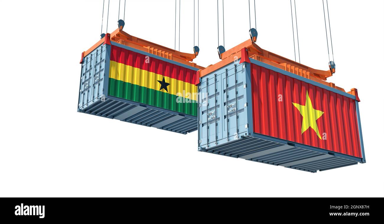 Container merci con bandiere nazionali del Vietnam e del Ghana. Rendering 3D Foto Stock