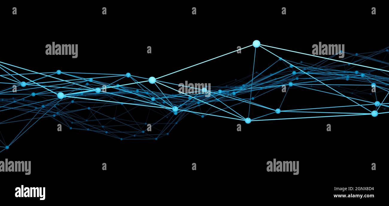 Struttura a reticolo di rete di linee e punti blu collegati su sfondo nero Foto Stock