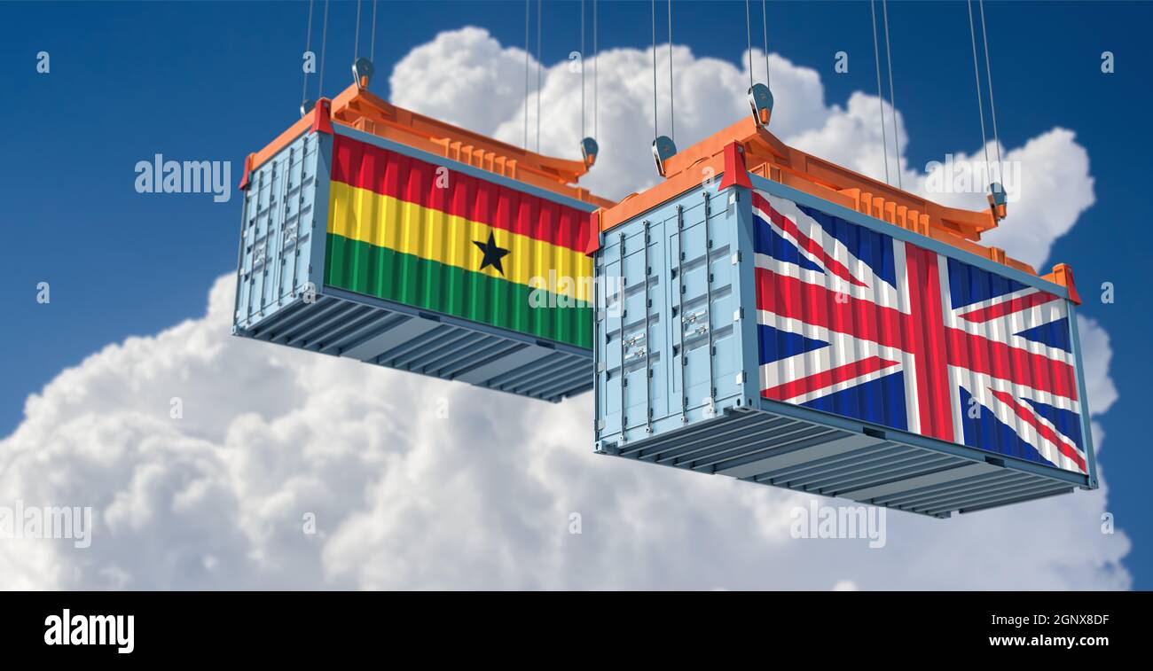 Contenitori per il trasporto con bandiere nazionali del Regno Unito e del Ghana. Rendering 3D Foto Stock