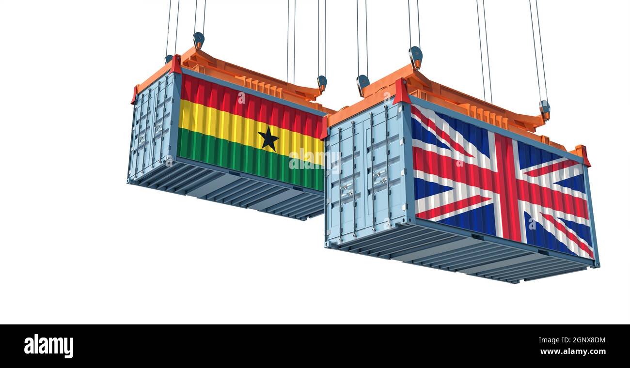 Contenitori per il trasporto con bandiere nazionali del Regno Unito e del Ghana. Rendering 3D Foto Stock