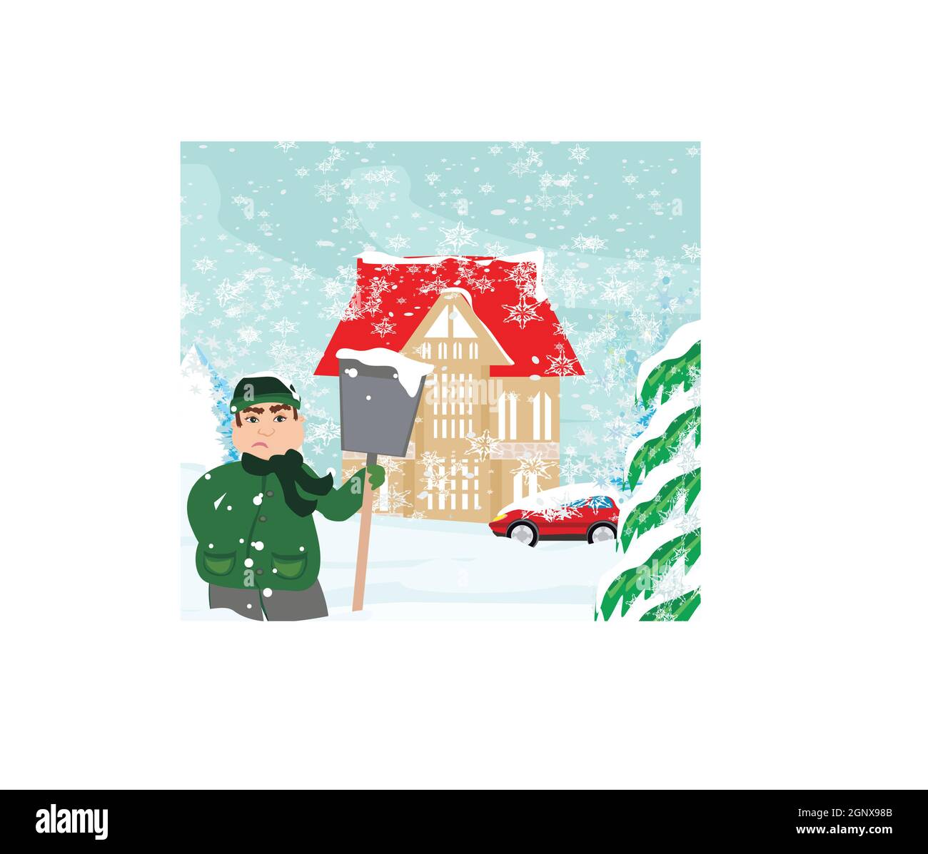 l'uomo triste sta scuotendo la neve di fronte alla sua casa Illustrazione Vettoriale