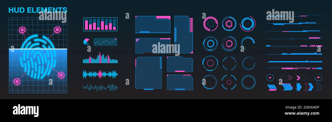 Cyberpunk Vector HUD elementi set per futuristica interfaccia utente astratto tecnologia concettuale digitale sicurezza controllo interfaccia sfondo e dito Foto Stock