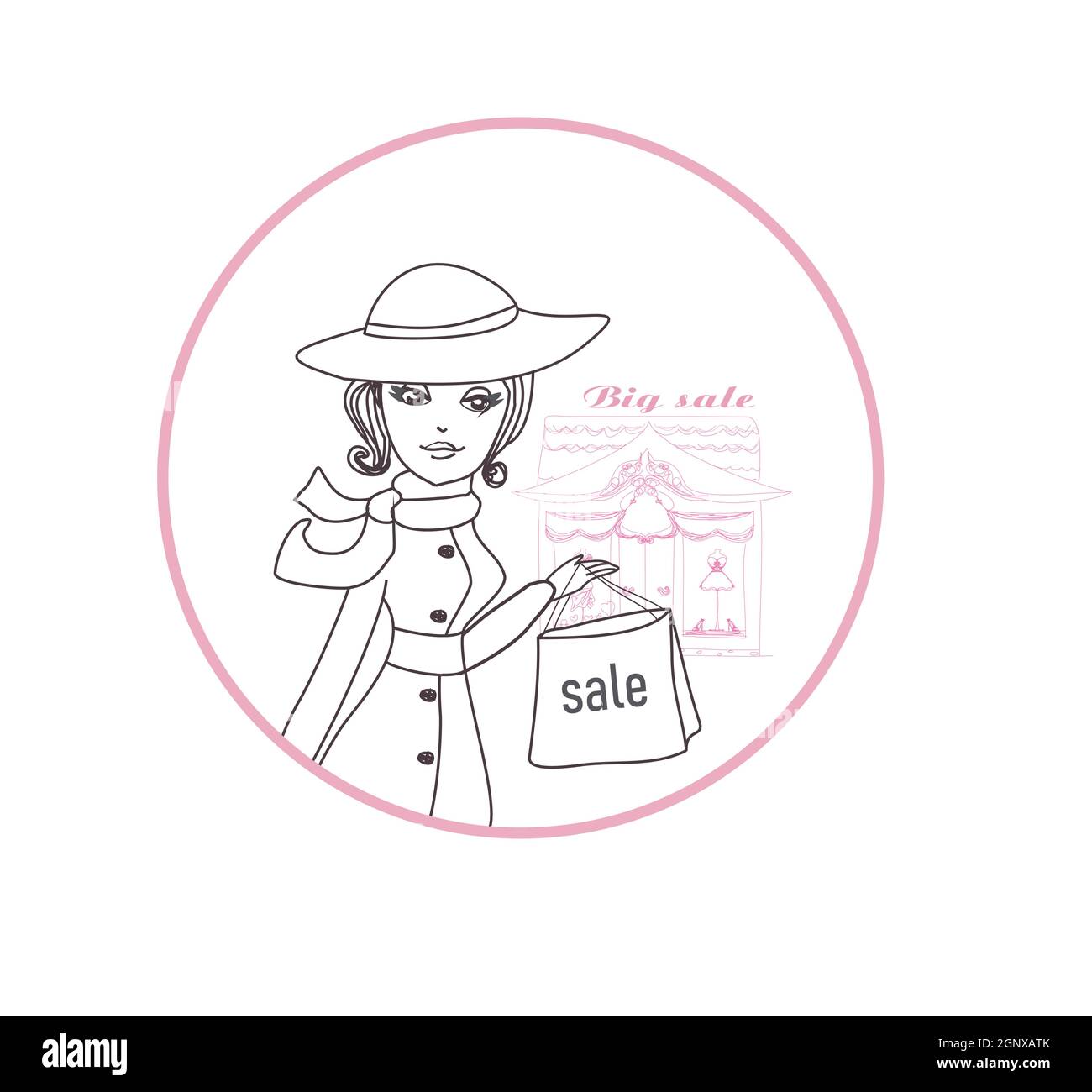 Elegante ragazza shopping , doodle illustrazione Illustrazione Vettoriale