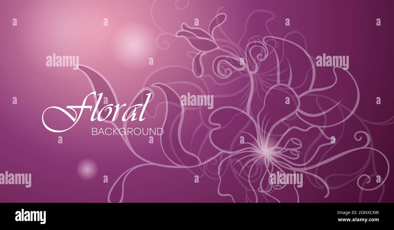 Sfondo sfumato floreale con motivi e linee dinamiche. Romantico modello botanico da fiori. Modello grafico vettoriale per illustrazioni a colori per schede, poster, libri per esercizi. Illustrazione Vettoriale