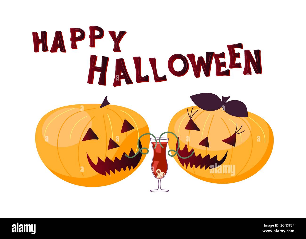 Poster di Halloween Party. Lettere, Pumpkins maschio e femmina ridono ominamente e bere cocktail sanguinoso isolato su sfondo bianco. Flat Art Vector il Illustrazione Vettoriale