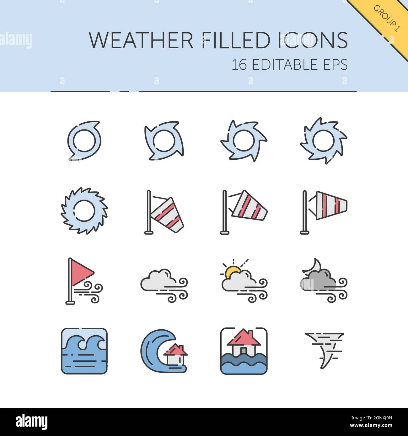 Meteo e meteorologia. Gruppo di vento. Set di icone a colori. Illustrazione vettoriale riempita Illustrazione Vettoriale