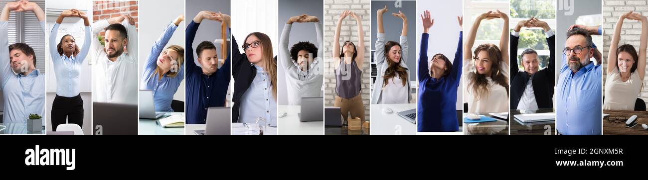 Business Team Stretching presso Workplace in Office Collage Foto Stock