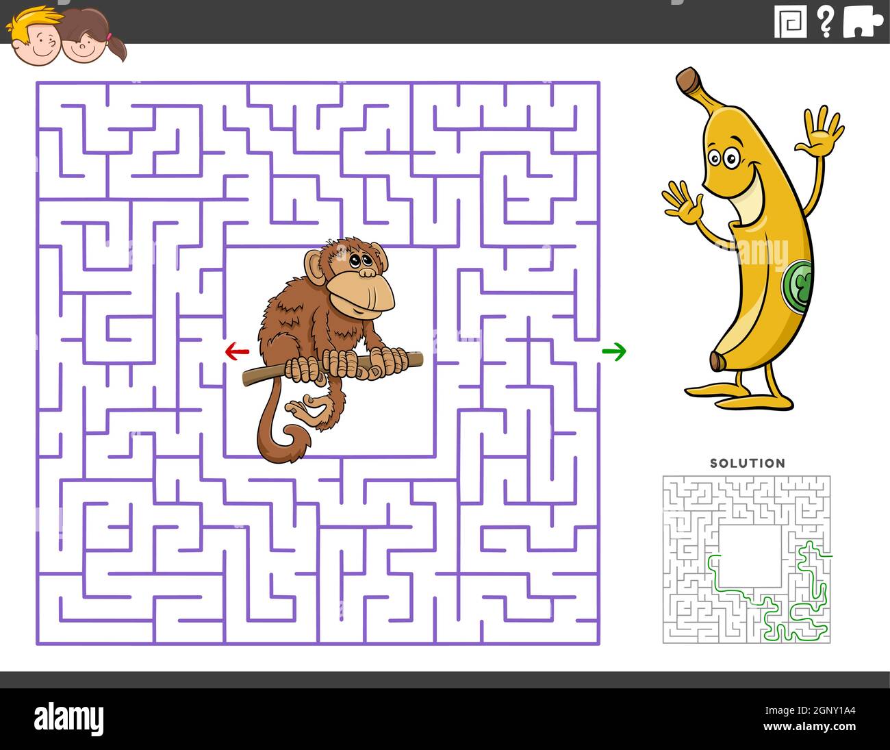 labirinto gioco educativo con scimmia divertente e banana Illustrazione Vettoriale