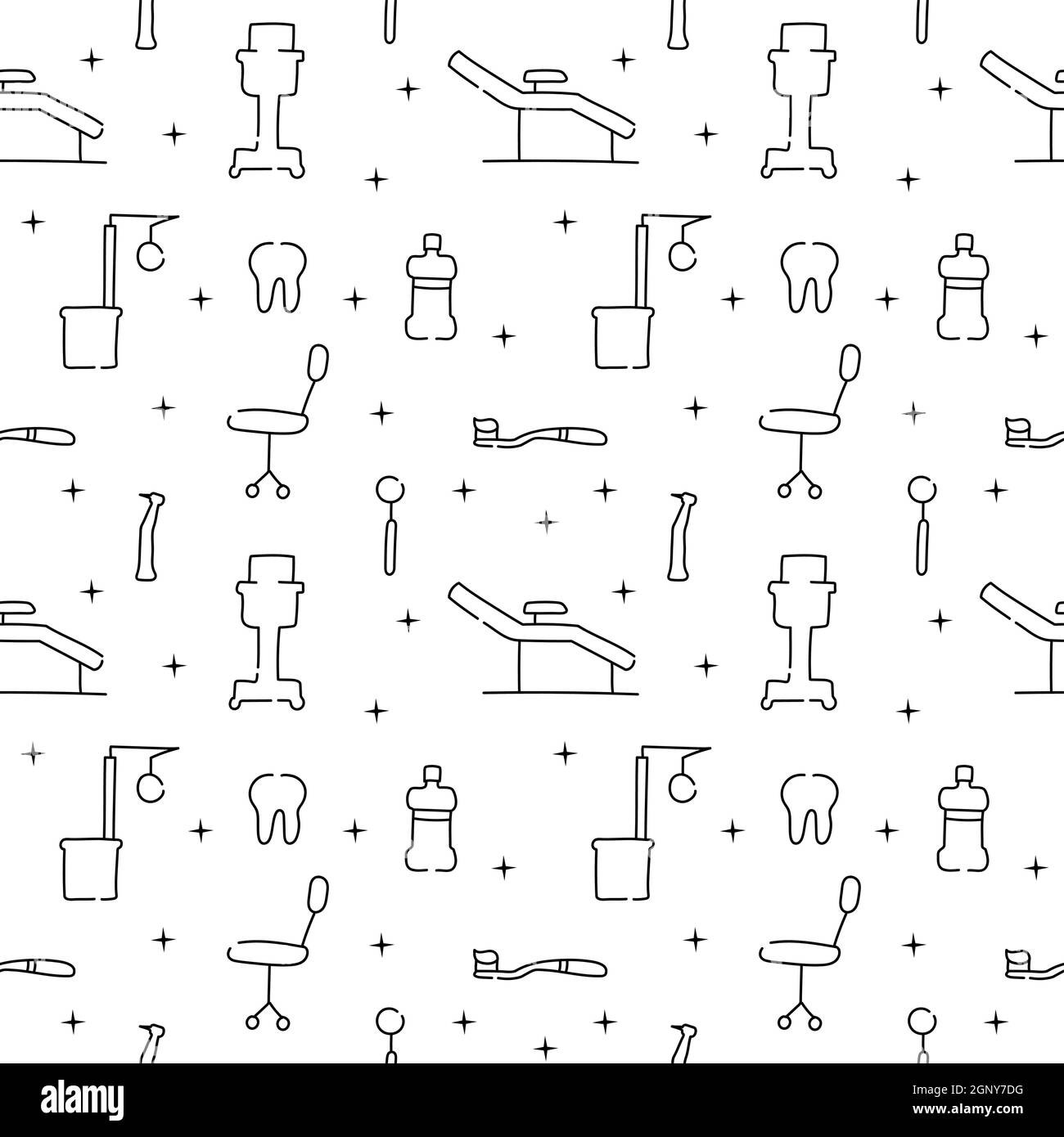 Cura dentale, Ortodonzia modello senza giunture con icone di linea. Dentista, attrezzatura medica, bretelle, protesi dentaria, Floss, trattamento carie, dentifricio. Illustrazione Vettoriale