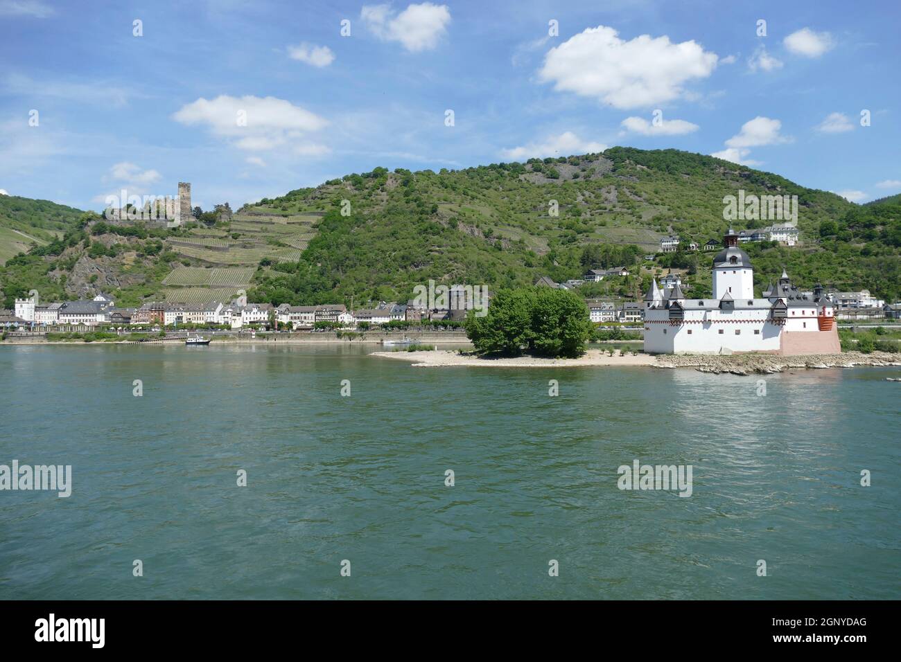 Castello di Pfalzgrafenstein alla gola del Reno sull'isola di Falkenau vicino a Kaub nella Renania-Palatinato, Germania Foto Stock