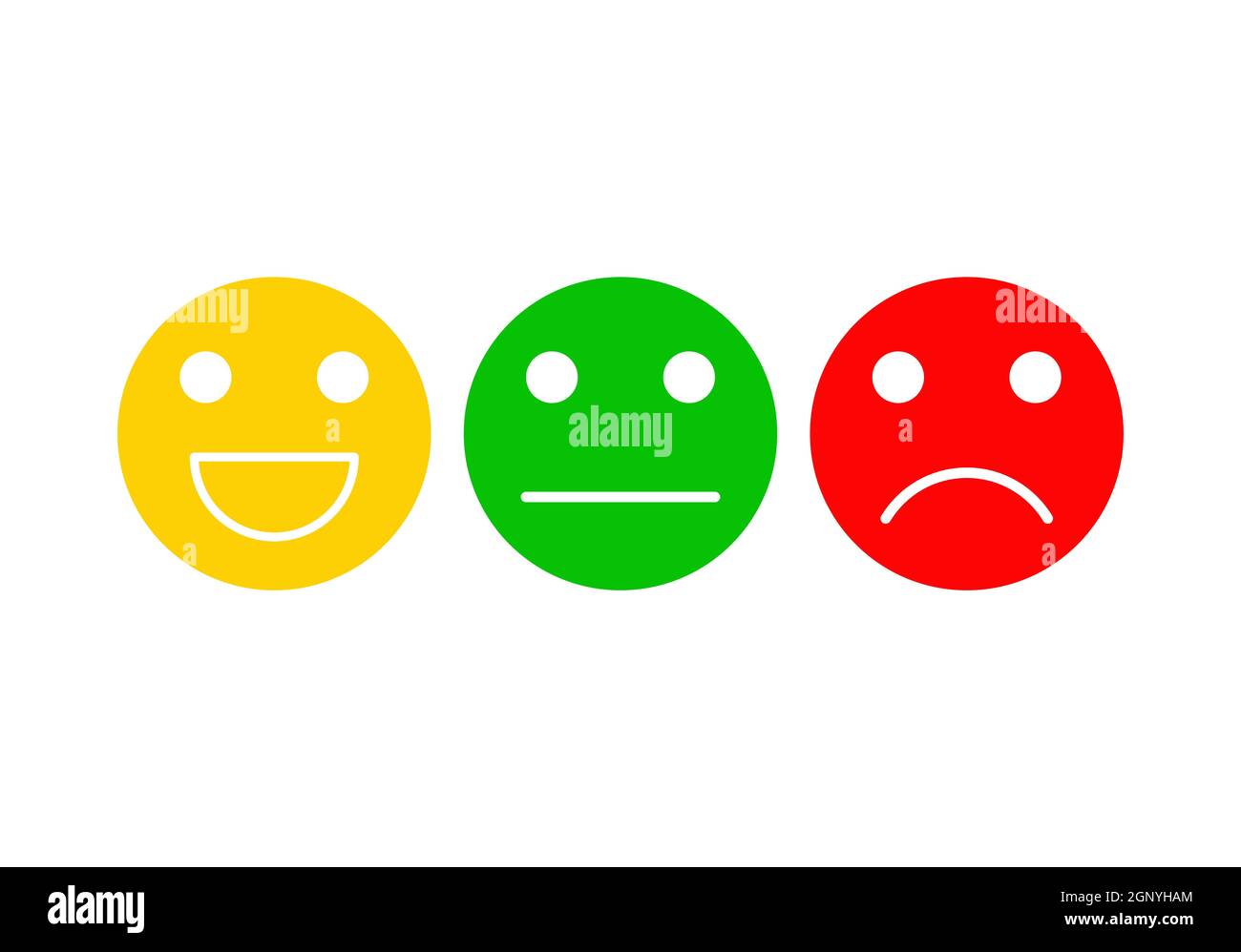 Set di emoticon di base. Tre espressioni facciali per il feedback: Positivo, neutro e negativo. Simbolo del livello di soddisfazione del cliente. Illustrazione vettoriale isolata su sfondo bianco. Illustrazione Vettoriale