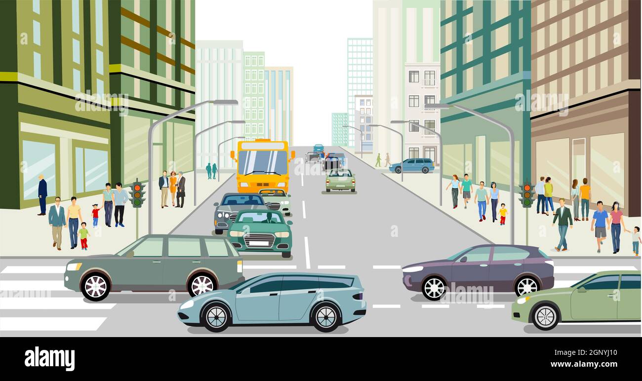 La silhouette della città con la via dello shopping Illustrazione Vettoriale