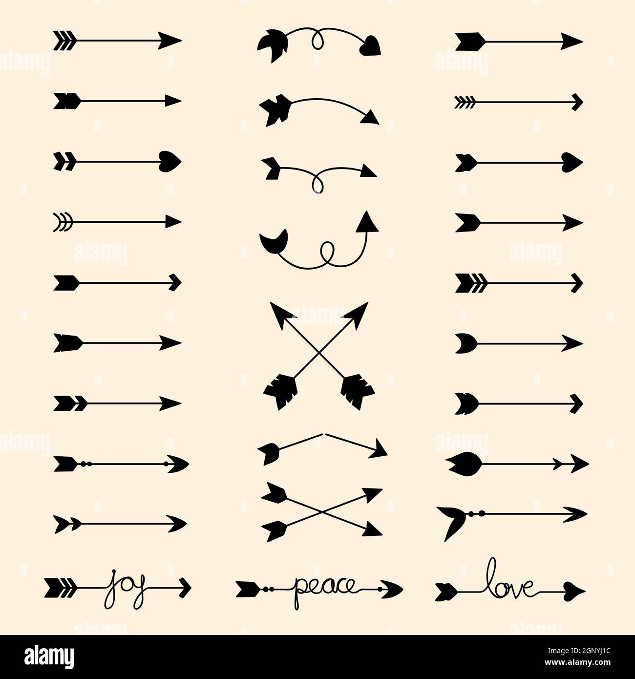 Disegni con frecce disegnati a mano. Simbolo Doodles; tribale, curly, icona  di amore, gioia, pace, rotta, stile boho, attraversata Foto stock - Alamy