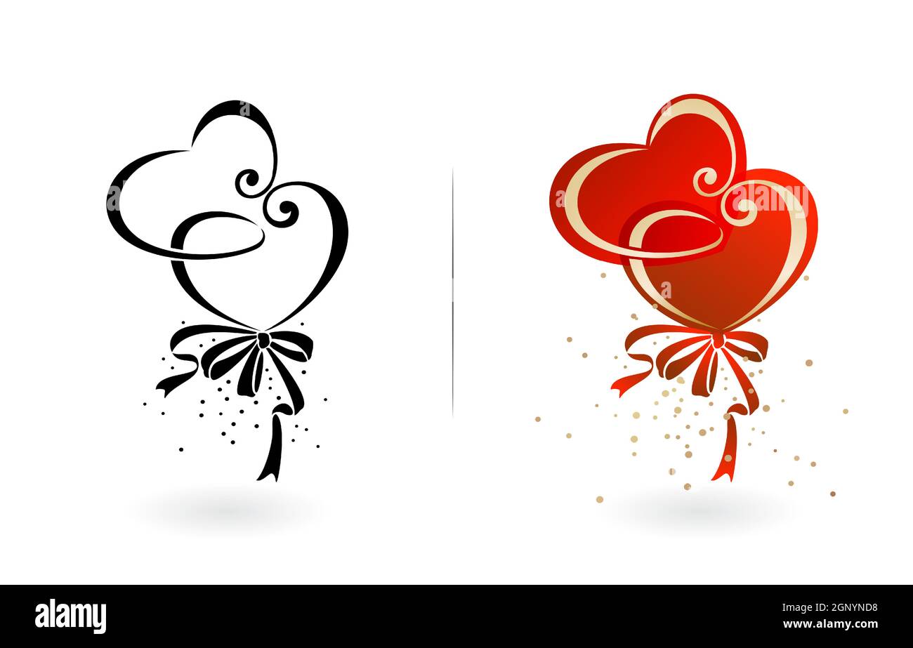 Due cuori con due varianti di colore, bianco bianco e nero e rosso. Applicabile per giorno di San Valentino, biglietti d'auguri, invito al matrimonio, stampa canvas, banner social media Illustrazione Vettoriale