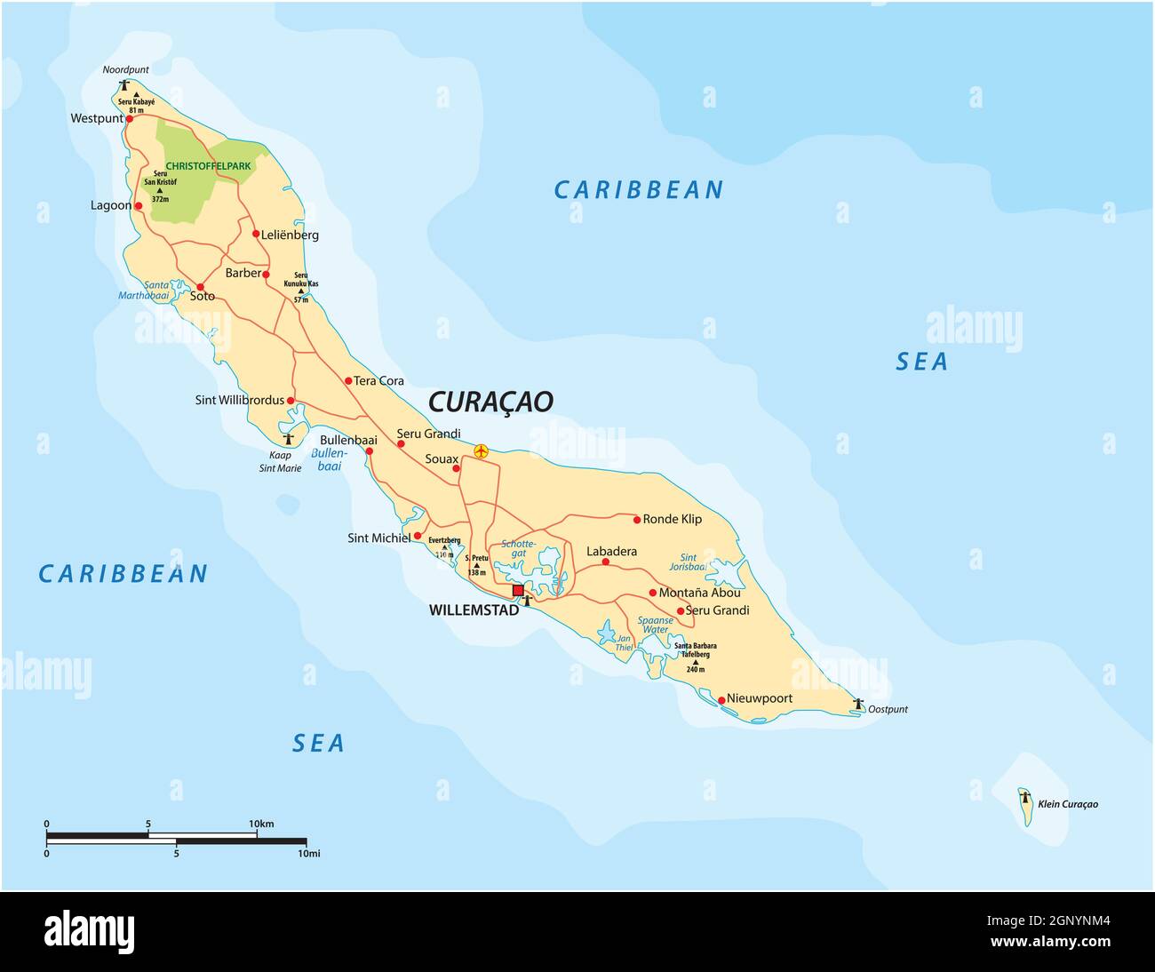 Mappa stradale vettoriale dell'isola Caribbean ABC di Curacao Illustrazione Vettoriale
