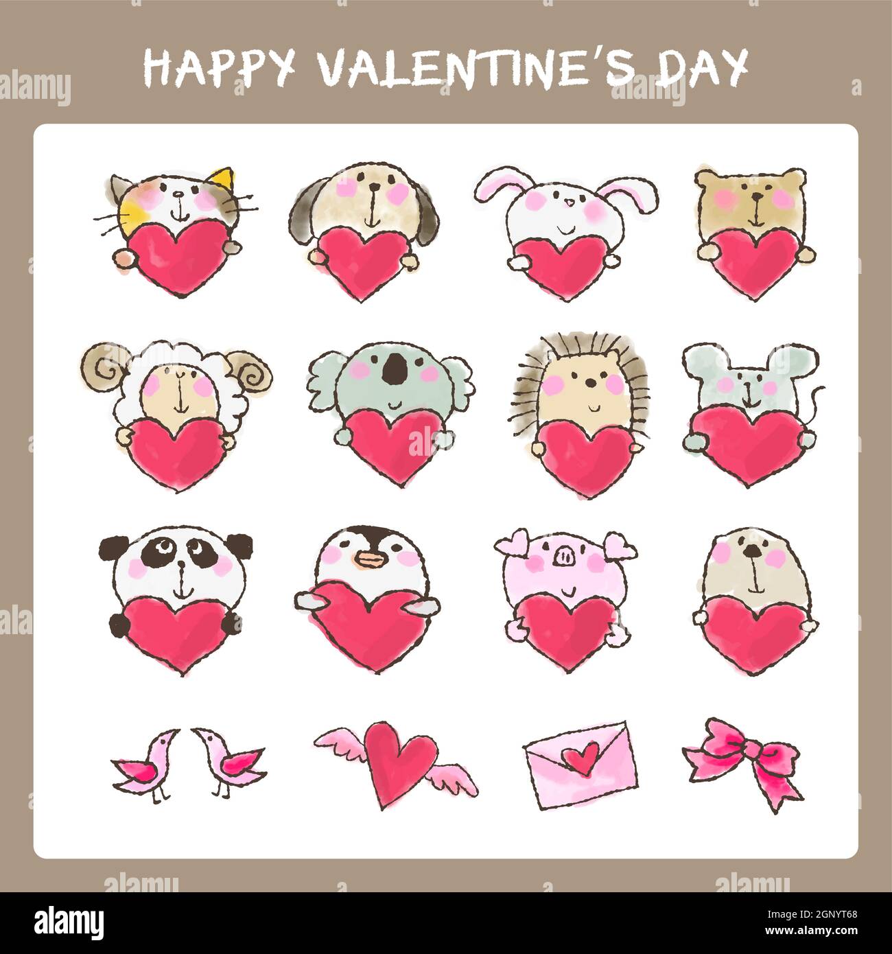 Gli animali e i cuori carini del giorno di San Valentino disegnati a mano insieme Illustrazione Vettoriale