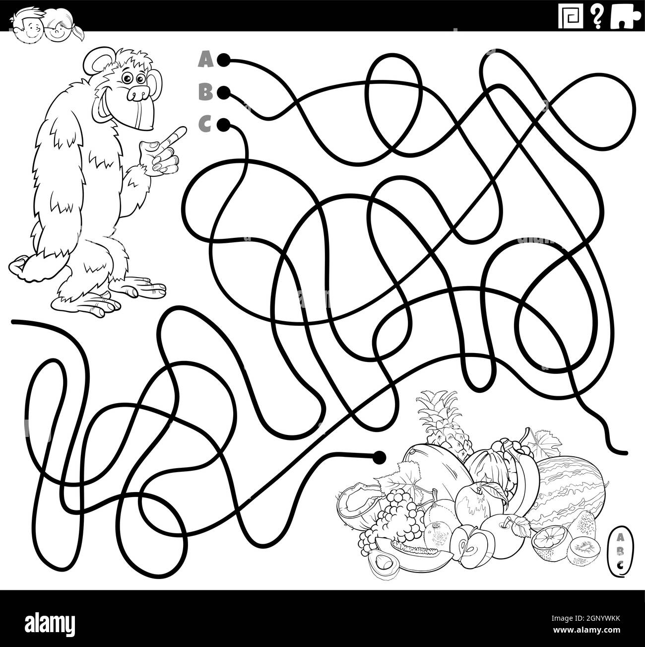 linea labirinto con cartoon gorilla e frutta colorare pagina libro Illustrazione Vettoriale