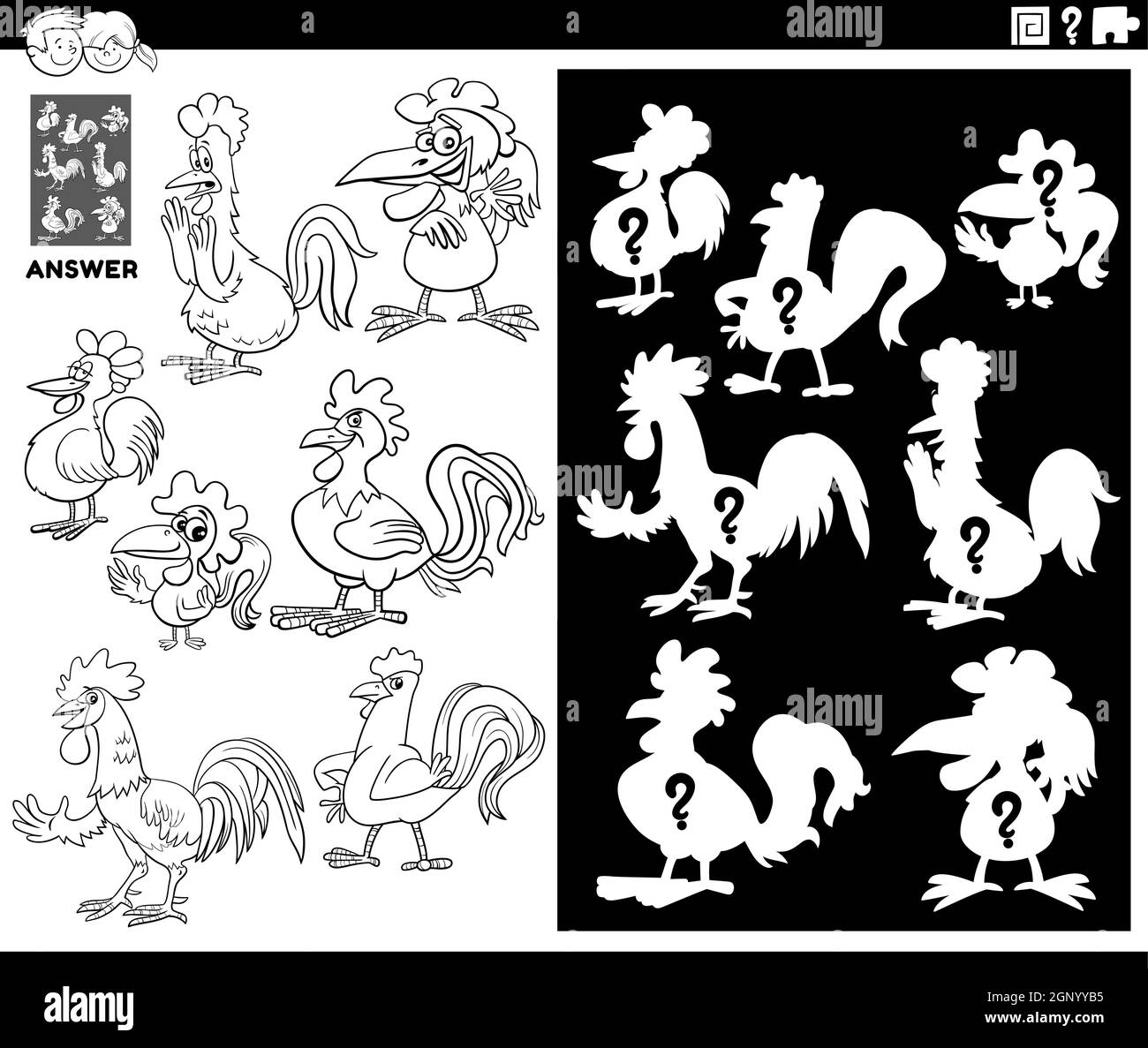 gioco di forme abbinate con pagina libro colorazione gallo Illustrazione Vettoriale
