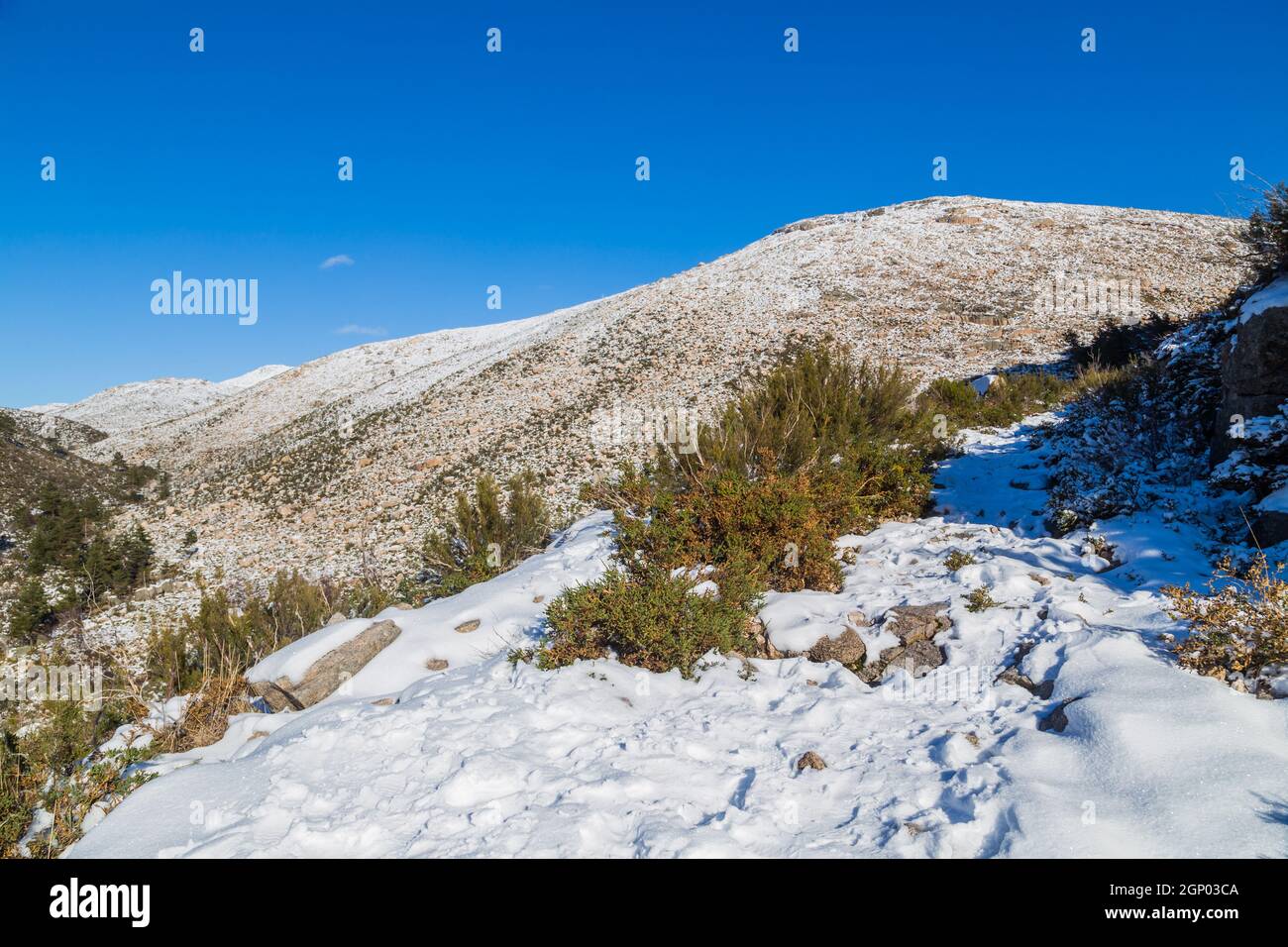 Paesaggio invernale con neve in montagna del parco naturale Serra do Geres, Portogallo Foto Stock