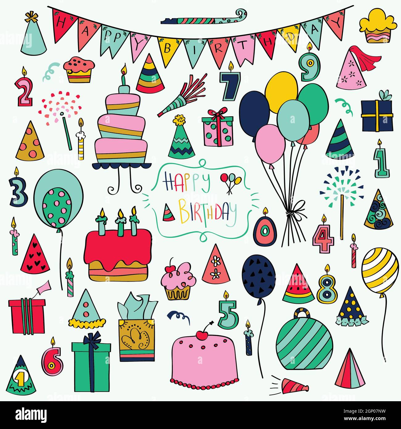 Festa di compleanno. Torte a mano, candele, palloni, Banner. Doodles colorati. Foto Stock